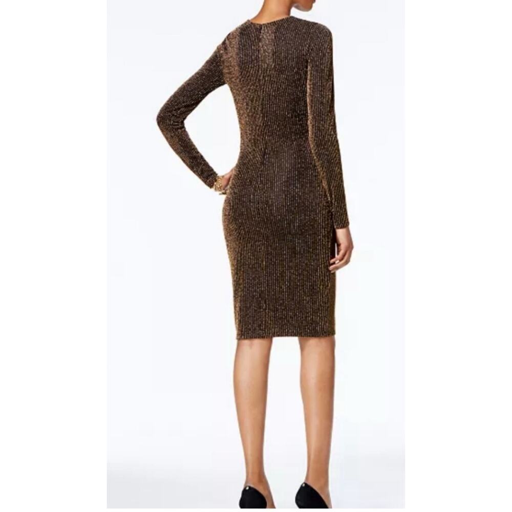 Michael Kors Gold Metallic Twist Front Bodycon Dress Long Sleeve Stretch 3X - Picture 5 of 13